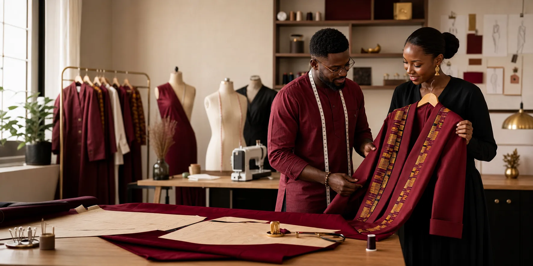 Fashion designer and customer reviewing a burgundy kente-trim garment in an atelier