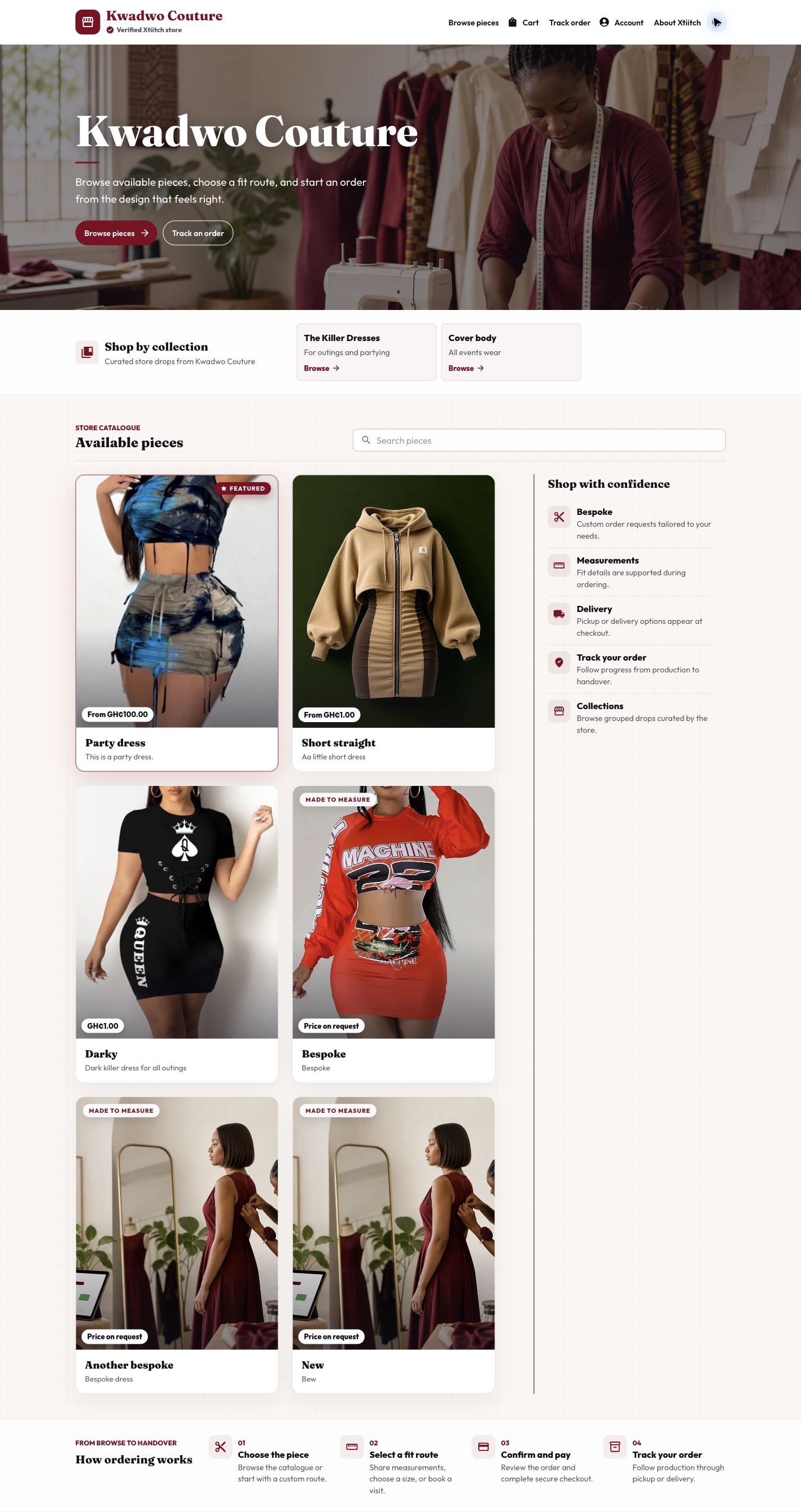 Xtiitch branded store page showing its hero, catalogue and ordering journey